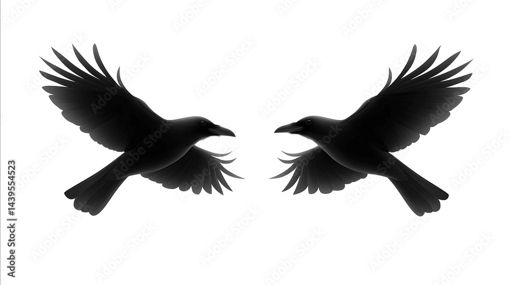 Obraz premium raven silhouettes in flight with fully open wings on white background