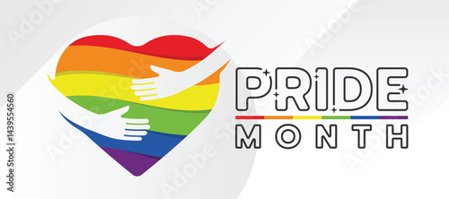 Pride month - Text and hand hug heart rainbow pride sign vector design