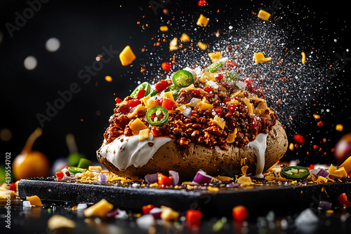 A baked potato topped with a dynamic vortex of sour cream, cheddar cheese, chili, jalapenos, and diced onions swirling like a fast-moving, colorful tornado of flavors