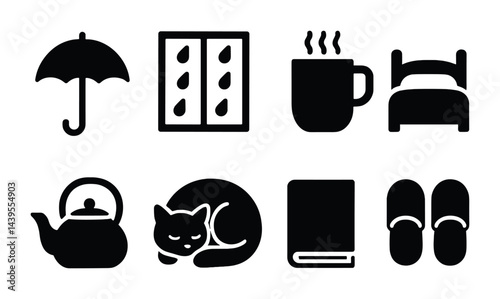 Cozy home life solid icon set – silhouette style comfort, relaxation, and daily living symbols: umbrella, rain window, coffee mug, bed, teapot, sleeping cat, book, slippers.