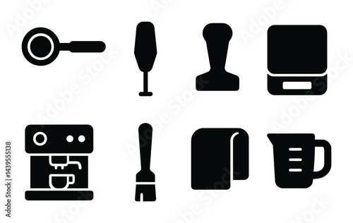 Coffee barista tools: solid icon set in filled style for cafe, brewing, and barista equipment: portafilter, tamper, scale, espresso machine, milk frother, towel, pitcher