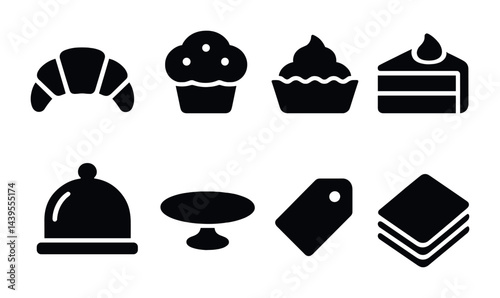 Bakery and dessert icons set – solid style sweet treats, patisserie, and bakery symbols for menu design: croissant, muffin, tart, cake, cloche, stand, tag, layers.