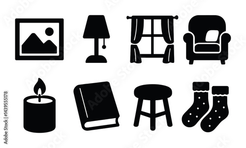 Cozy home interior solid icons set – filled style decor, furniture, and cozy living elements for home design: picture frame, lamp, curtains, armchair, candle, book, stool, socks.