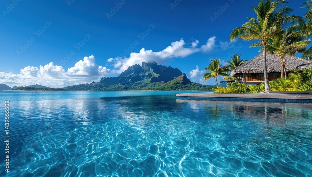 Fototapeta premium Serene tropical paradise featuring crystal-clear water, palm trees, and majestic mountains under a bright blue sky in an idyllic island setting