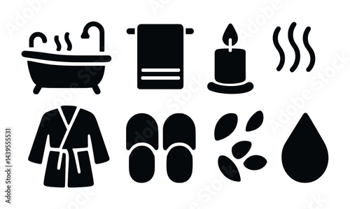Spa and wellness filled icons collection – solid style relaxation, beauty, and health symbols: bathtub, towel, candle, steam, robe, slippers, stones, droplet.