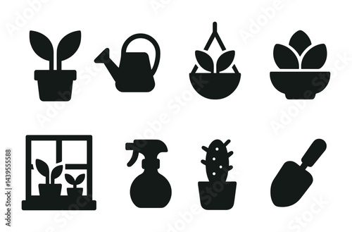 Gardening icon set – solid style nature, botany, and plant care symbols for eco-friendly projects: potted plant, watering can, hanging plant, succulent, trowel
