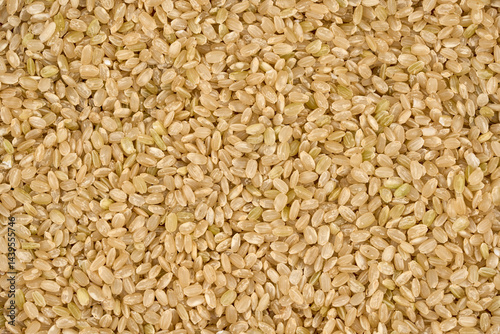 top view flat lay dry brown short grain unpolished rice or Japanese brown rice food background texture
