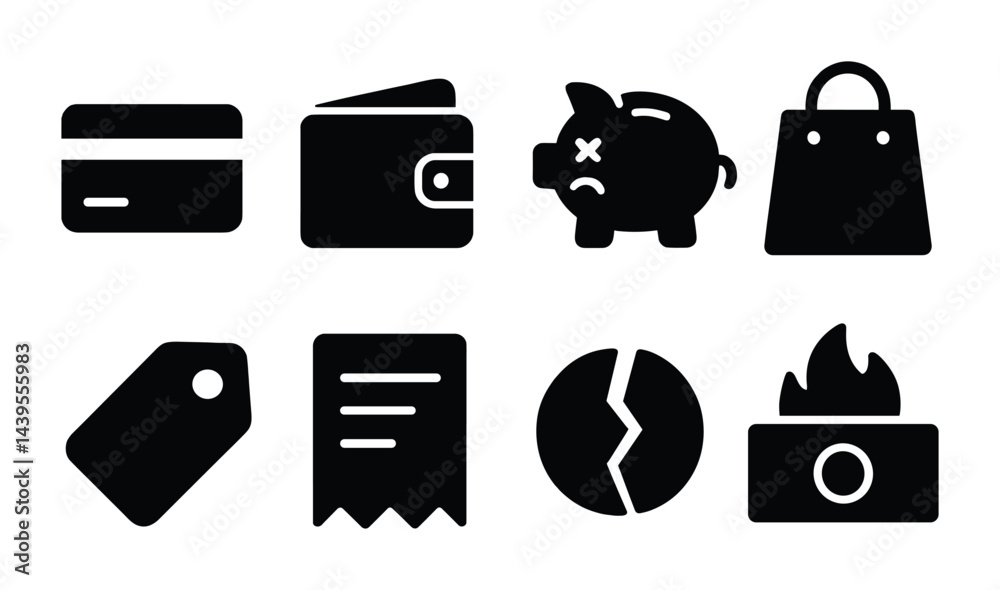 Shopping finance icon set – solid style budget, savings, and retail icons for e-commerce solutions: credit card, wallet, piggy bank, shopping bag, tag, receipt, coin, money burner.