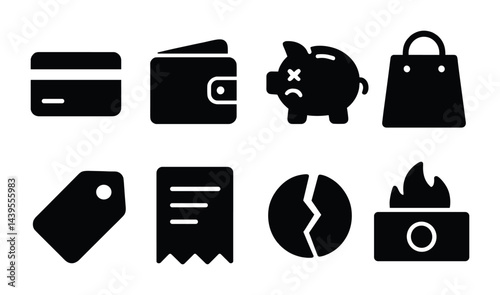 Obraz na płótnie Shopping finance icon set – solid style budget, savings, and retail icons for e-commerce solutions: credit card, wallet, piggy bank, shopping bag, tag, receipt, coin, money burner. w salonie