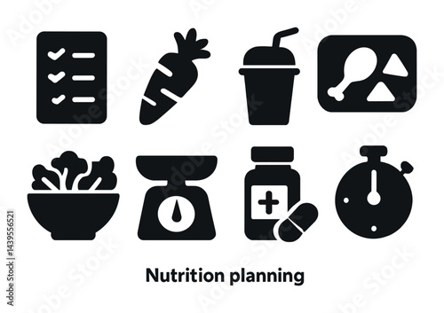 Nutrition planning solid icons set – flat style healthy eating, diet, and wellness symbols for meal prep: checklist, carrot, smoothie, plate, salad bowl, scale, supplements, stopwatch