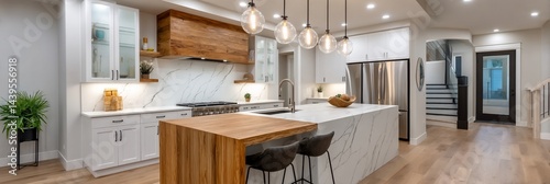 Modern White Kitchen with Wooden Island, Open Concept