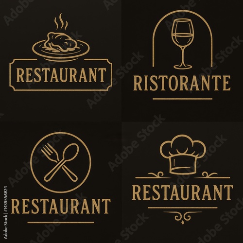 A collection of elegant, modern restaurant logos featuring diverse food elements, combining high-end designs with a sophisticated vintage feel.