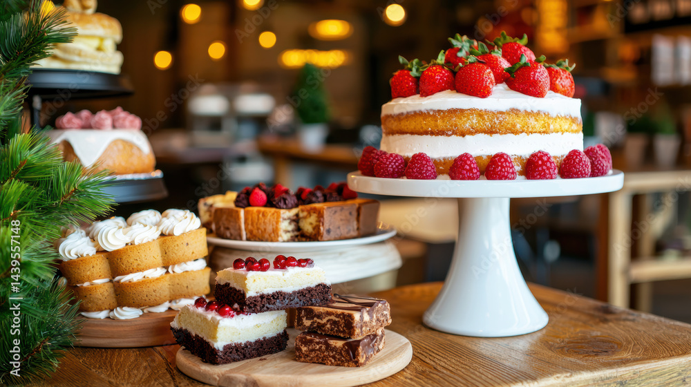 Naklejka premium Delicious cake display featuring variety of desserts, including strawberry cake, brownies, and pastries, creating festive