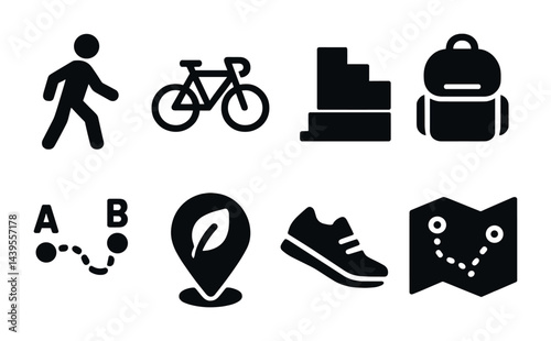 Urban mobility flat icons set – sleek commuting, navigation, journey symbols for city travel: pedestrian, bicycle, stairs, backpack, route, location pin, sneakers, map
