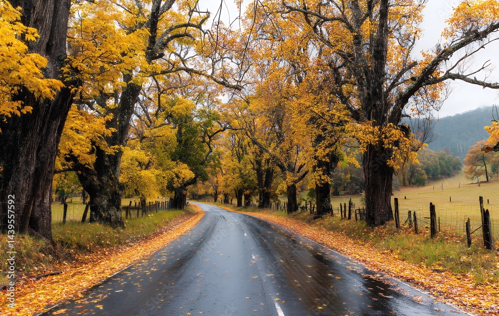 Naklejka premium Rainy Autumn Day on a Country Road with Golden Leaves
