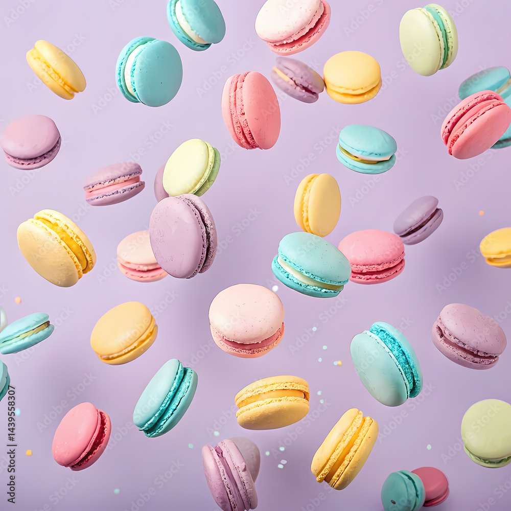 Delicious Colorful Macarons Falling on Purple Background Delicious Colorful Macarons Falling on Purple Background