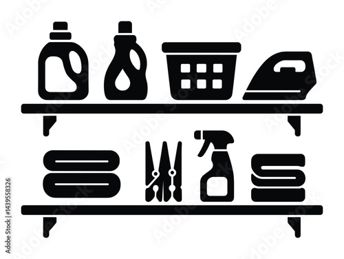 Home laundry solid icon set – silhouette style for household chores and cleaning symbols: detergent bottle, ironing board, laundry basket, washing machine, clothesline, towels, fabric softener