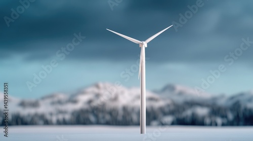 Wallpaper Mural Wind Turbine Minimalist Design, High-Resolution Sharp Focus, Central Composition, Clean Lines, Standing Still, Snowy Mountain Background, Cool Blue Hues, Renewable Energy Campaign Torontodigital.ca