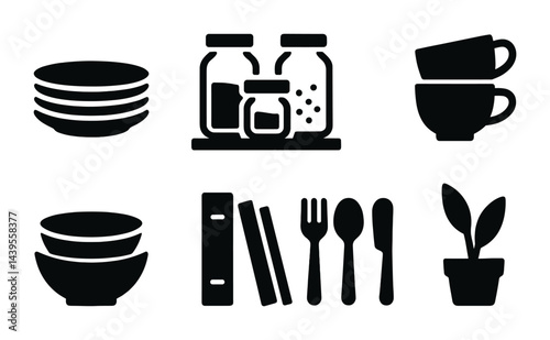 Kitchenware and home essentials solid icons set – silhouette style cookware, dining, and decor symbols for culinary design: plates, jars, cups, bowls, utensils, books, plant.