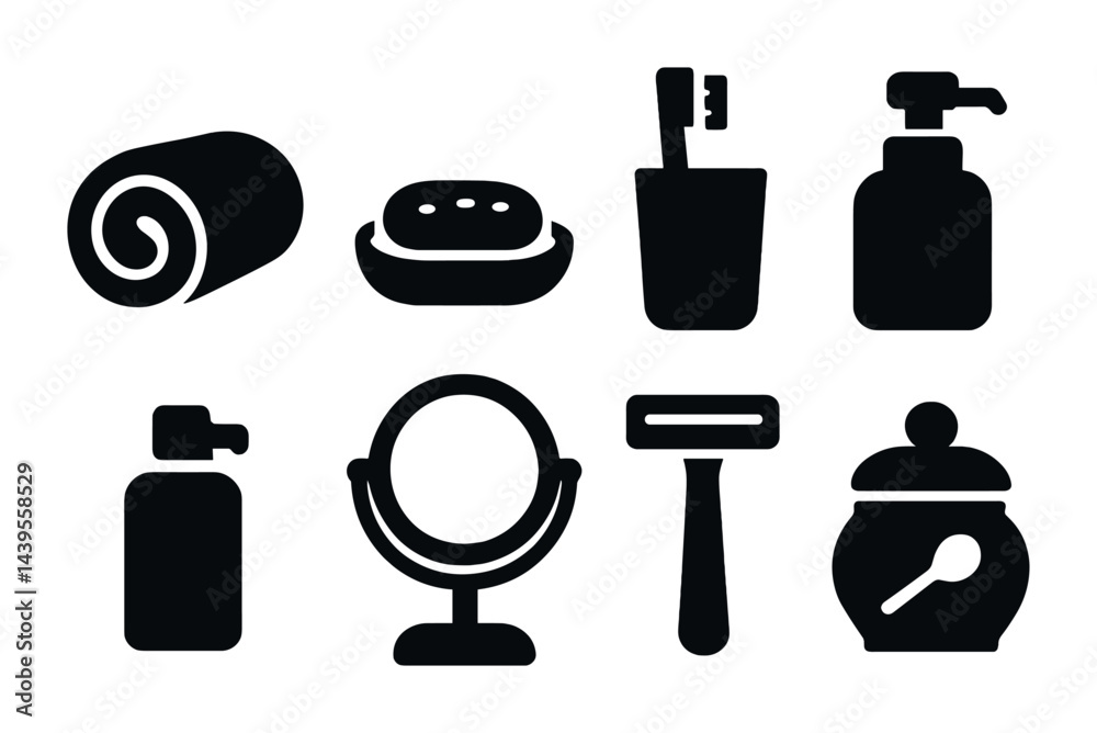 Obraz premium Bathroom essentials silhouette icon set – solid style hygiene, grooming, and skincare symbols: towel, soap, toothbrush, mirror, lotion, razor, dispenser, container.