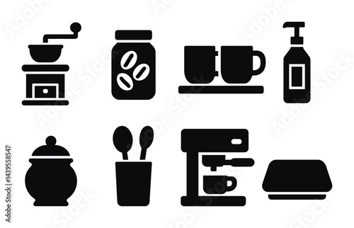 Cafe and coffee shop silhouette icons set - solid style brewing, beverage, and cafe tools for barista use: grinder, coffee jar, mugs, syrup dispenser, sugar, utensils, espresso machine, butter dish.