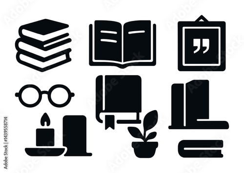 Book and reading silhouette icon set – solid style library, literature, and study symbols for education: stack of books, open book, quotation frame, glasses, candle, potted plant
