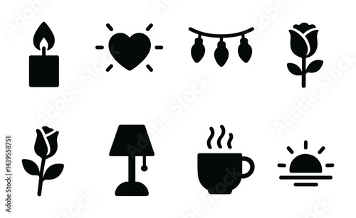 Cozy home living icons – solid style for comfort, decor, and warmth: candle, heart, string lights, rose, lamp, coffee cup, sunrise.