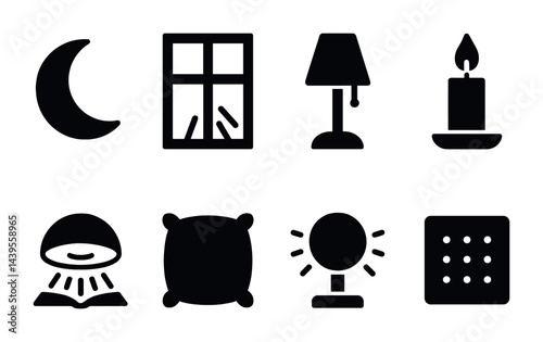 Home relaxation silhouette icon set - cozy and restful indoor essentials: moon, window, lamp, candle, nightlight, pillow, reading light, knitting