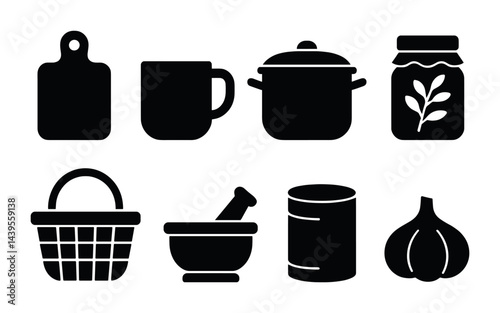 Kitchen essentials silhouette icons set - solid style cooking, culinary, and gastronomy symbols for food preparation: cutting board, mug, pot, jar, basket, mortar & pestle, can, garlic