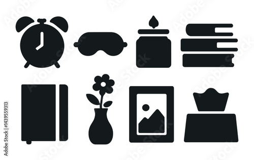Home and lifestyle filled icons set – solid style relaxation, decor, and daily essentials symbols for modern living: alarm clock, sleep mask, candle, books, refrigerator, vase, framed art, tissue box