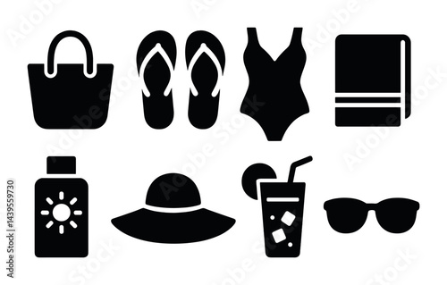 Summer vacation silhouette icons set – solid style beach, holiday, and relaxation symbols for leisure activities: sunhat, sunglasses, flip-flops, swimsuit, towel, drink, beach bag