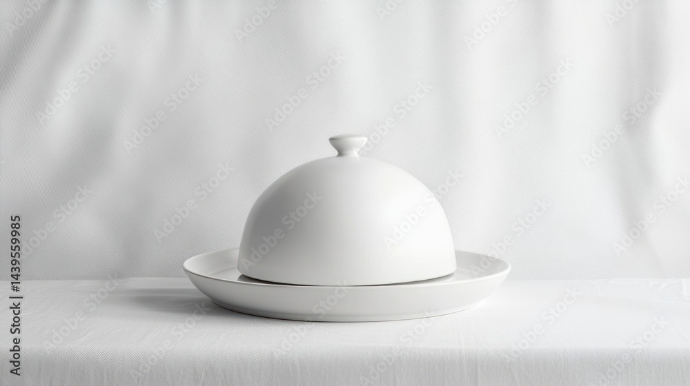 Fototapeta premium Minimalist white serving cloche with matte texture above plate on white background.