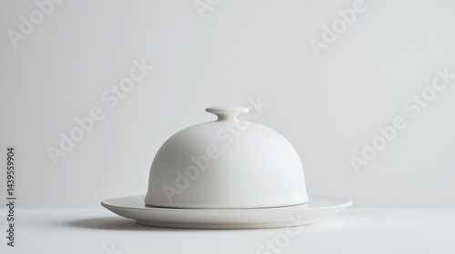 Minimalist white serving cloche with matte texture above plate on white background.