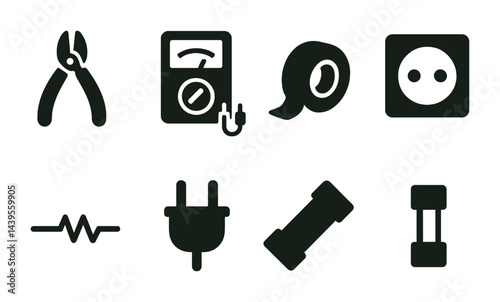 Electrical tools and equipment icon set – solid style for diy projects, maintenance, and safety symbols: pliers, multimeter, tape, socket, wire, plug, insulator, resistor.