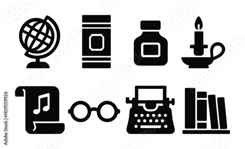 Vintage literature and writing icons set – solid style nostalgic publishing, book lover, and reading symbols: globe, ink bottle, candle, scroll, typewriter, bookshelf, glasses