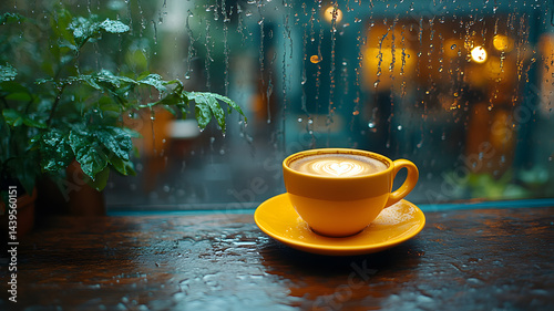 Hot coffee in a yellow cup by the rainy window

