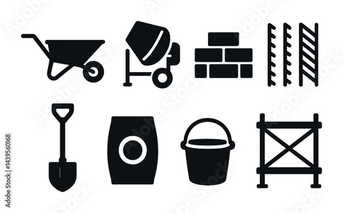Construction tools and equipment solid icons set – flat style building, architecture, and engineering symbols for project planning: wheelbarrow, cement mixer, bricks, rebar, shovel, barrel, bucket,
