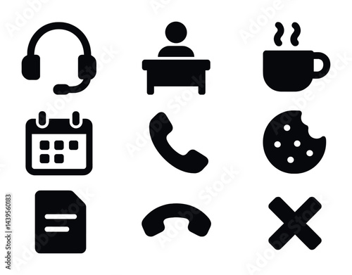 Business and office communication icon set – solid style for productivity and workflow: headset, desk, coffee mug, calendar, phone, cookie, document, cross