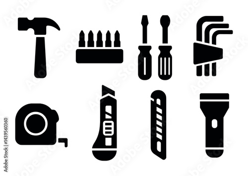 Diy tools solid icons set – silhouette style home improvement, handyman, and repair symbols for toolbox essentials: hammer, screwdrivers, hex key, tape measure, box cutter, flashlight