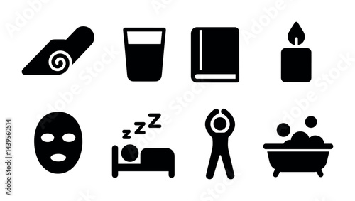 Wellness and relaxation solid icons set – silhouette style spa, meditation, and self-care symbols for holistic health: yoga mat, water glass, book, candle, face mask, sleep, exercise, bath.
