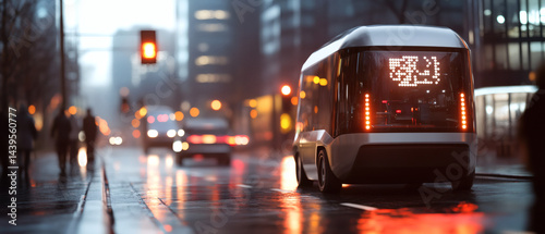 Futuristic vehicle in a rainy urban setting