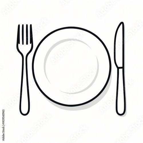 A clean and minimalist illustration of a plate with a fork and knife arranged symmetrically on either side.