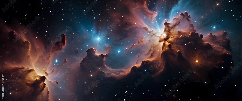 Obraz premium Bright nebula clouds and sparkling star clusters on black space canvases. Extremely detailed high resolution illustration.