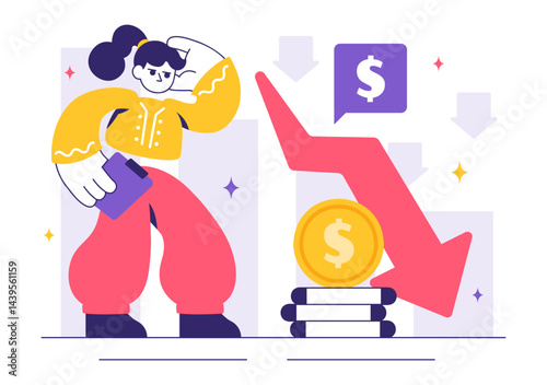 Financial Crisis Vector Illustration featuring concepts of Bankruptcy, Economic Collapse, and Cost Reduction with a Downward Arrow in a Background