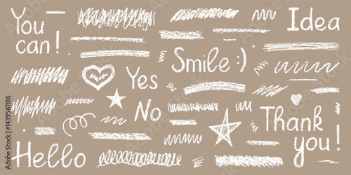 Realistic Grunge Chalk Drawn Sketch. Set of Design Elements Doodles and Words Isolated on Craft Paper.