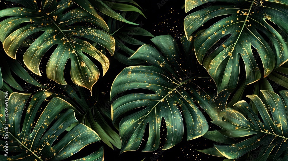 Obraz premium Lush, detailed monstera leaves with gold speckles on dark backdrop