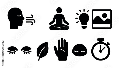 Mindfulness and wellness solid icon set – silhouette style meditation, relaxation, and self-care symbols for mental health: breathing, meditation, inspiration, nature, calm, timing.