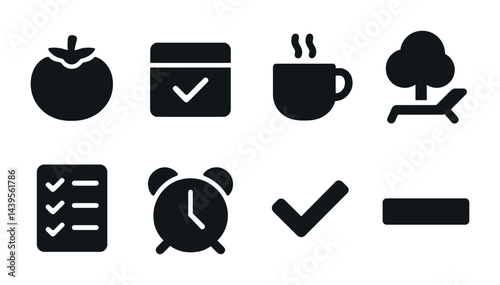 Relaxation and productivity icon set - solid style wellness, work-life balance, and daily routine symbols: tomato, calendar, coffee cup, tree, to-do list, alarm clock, checkmark, minus sign.