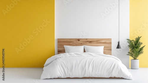 Modern bedroom with yellow and white walls, wooden headboard, and white bedding