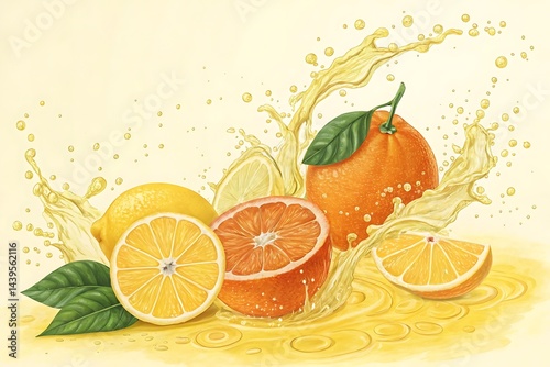 Orange and Lemon Juice or Oil Splashes in Yellow Drink Glass with Refreshing Vibe. photo